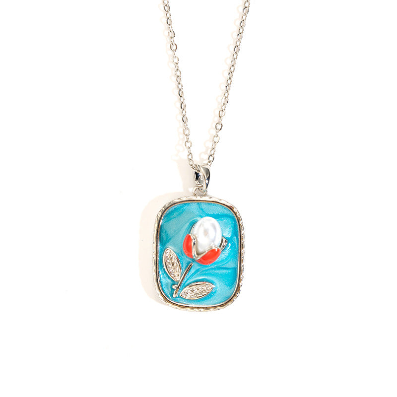 Wholesale rose oil painting high-grade necklace pearl color simple clavicle chain stainless steel plated 18k gold necklace for women